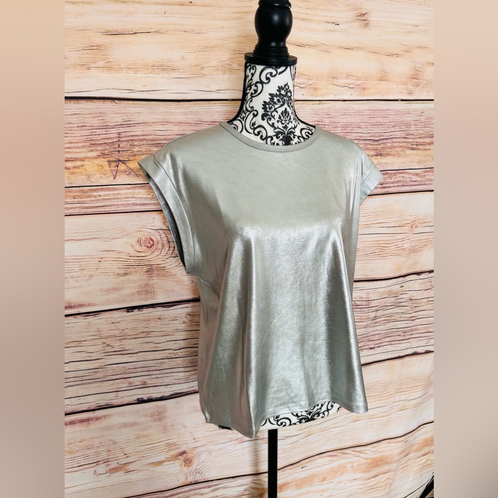 Rebecca Minkoff Women’s Silver Metallic Crew Neck Sleeveless Top Size L NWOT